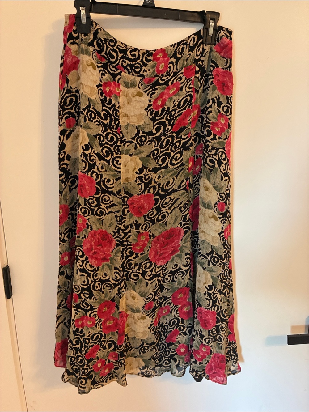 JM Collection Black Maxi Skirt with Red and Cream Floral Print